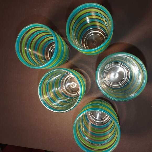 Set Of 5 Retro Glass Tumblers With Blue & Green Stripes 6.5" Tall - Picture 3 of 7